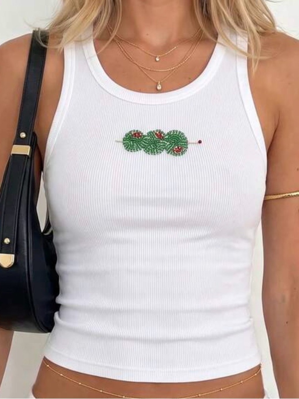 White Ribbed Tank Top with Green Embroidered Motif